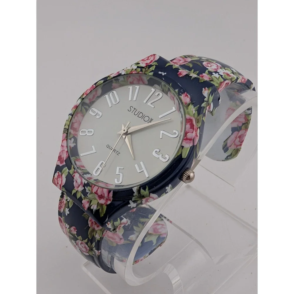 Studio‎ Time Women's Floral Bangle Watch 38mm Case Hinge Band- New Battery